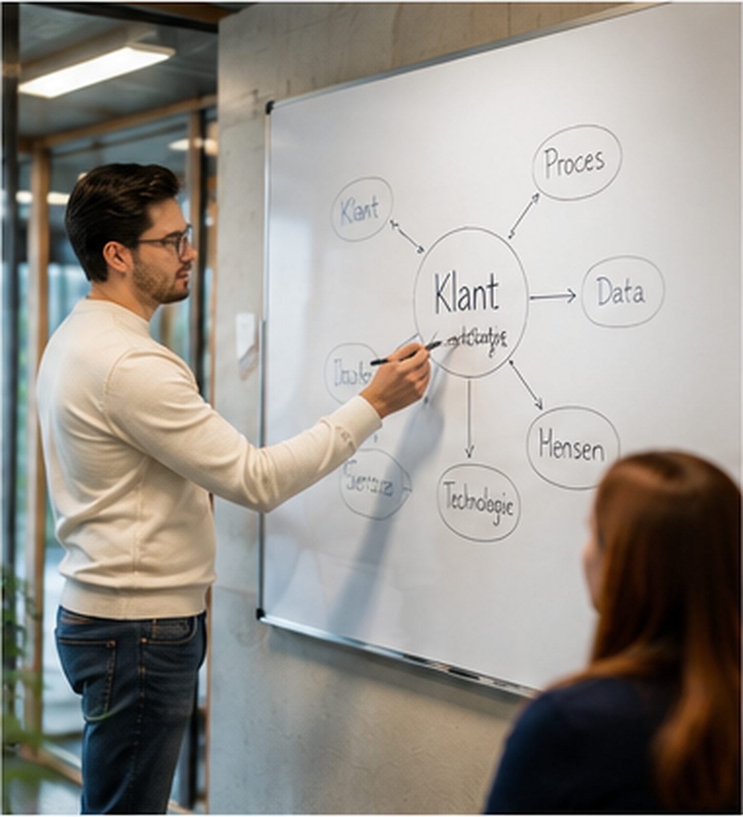Team dat samen ideeën op een whiteboard bespreekt.