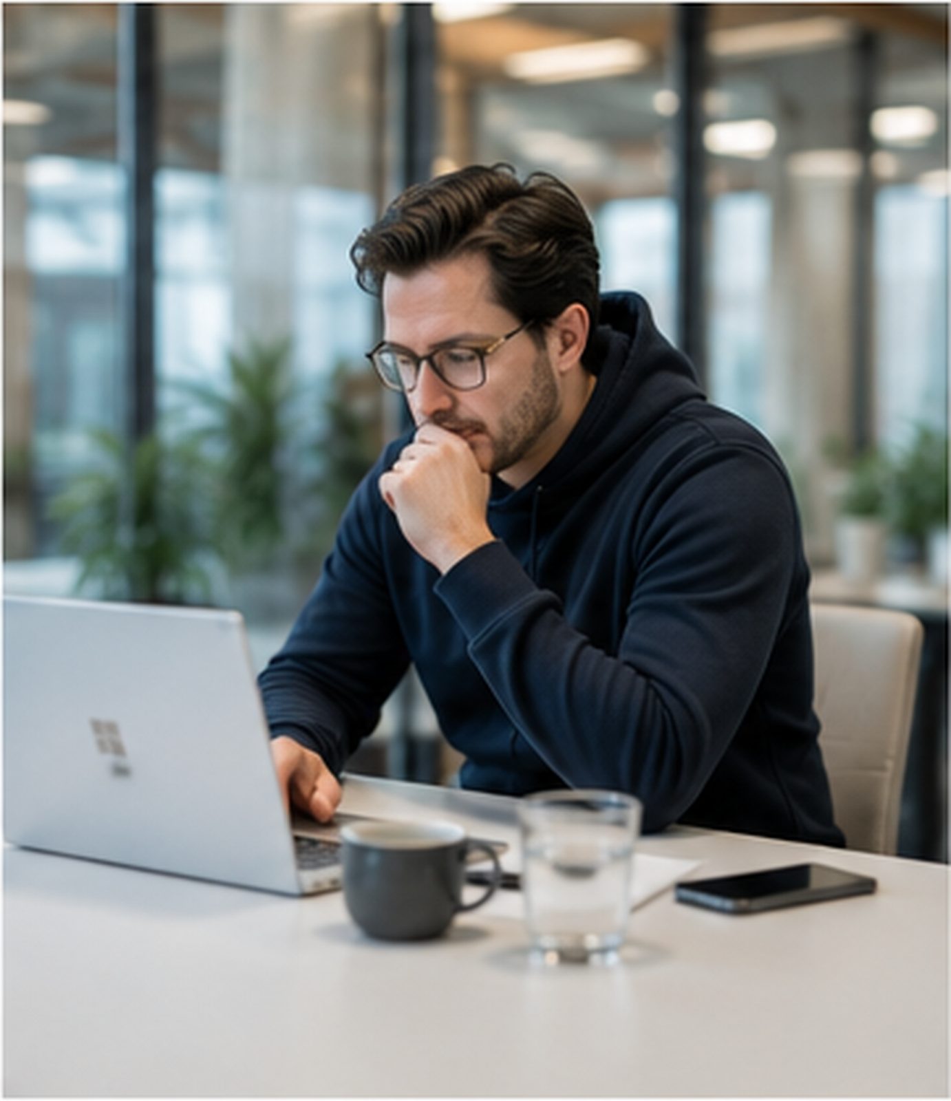 Medewerker die geconcentreerd werkt.