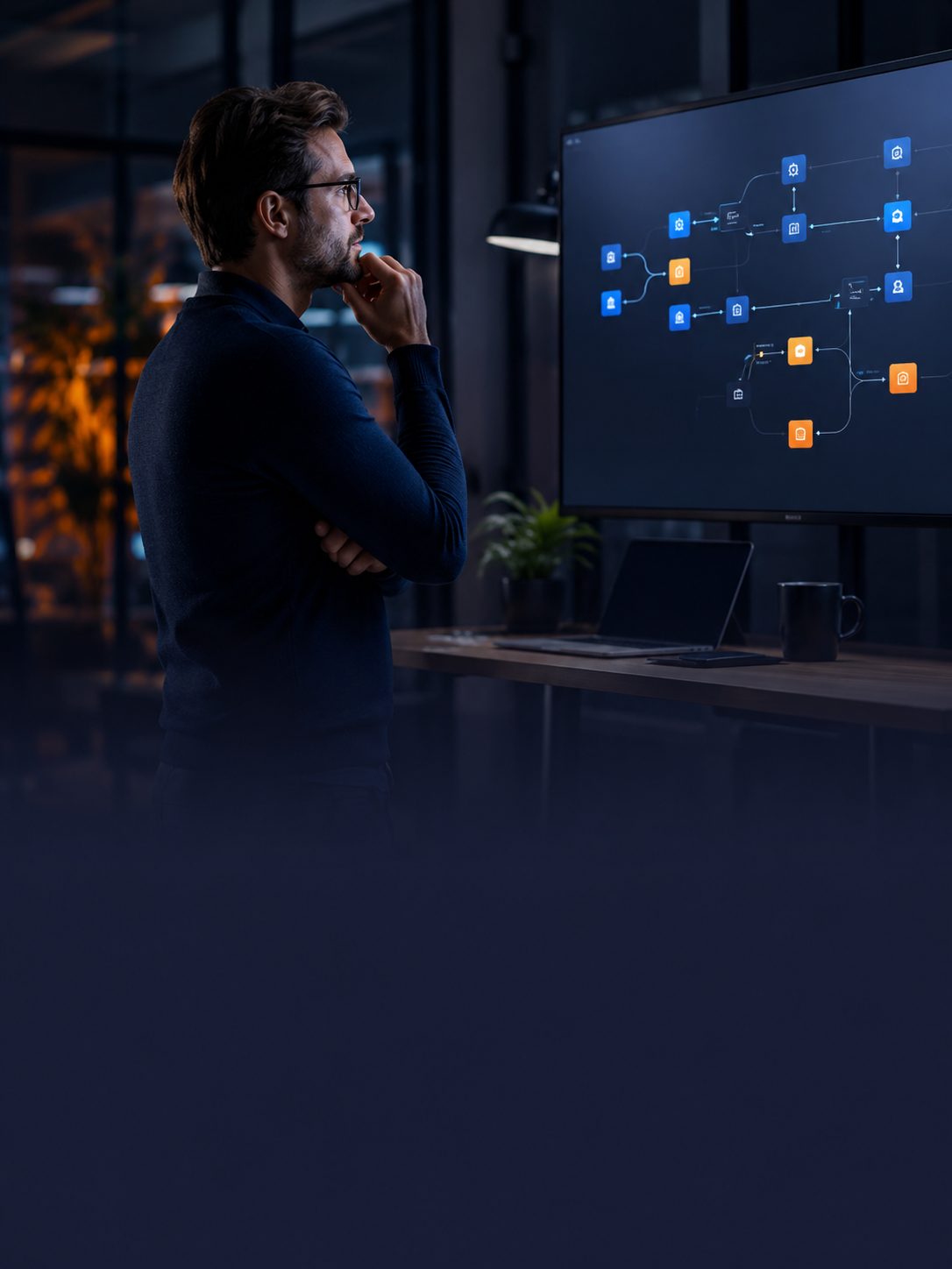Medewerker die digitale hulpmiddelen gebruikt in een kantooromgeving.