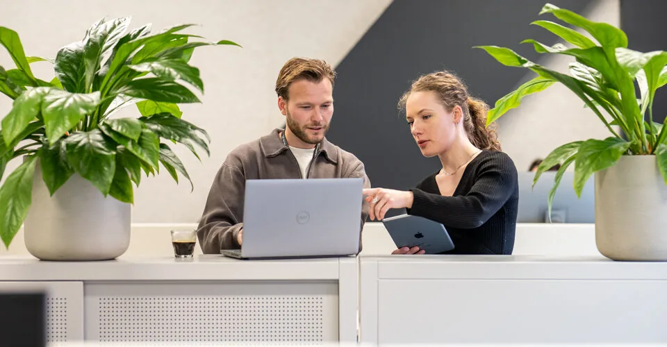 Twee collega's die samen een laptop en tablet gebruiken.