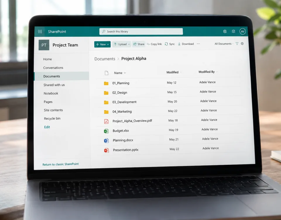 SharePoint-documentbibliotheek op een laptop.
