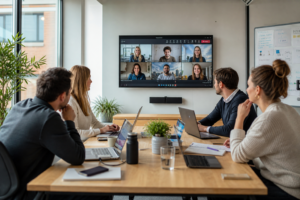 Team collega's in vergaderruimte tijdens Microsoft Teams-vergadering op kantoor