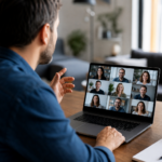 Medewerker neemt vanuit thuiskantoor deel aan Teams-videovergadering op laptop