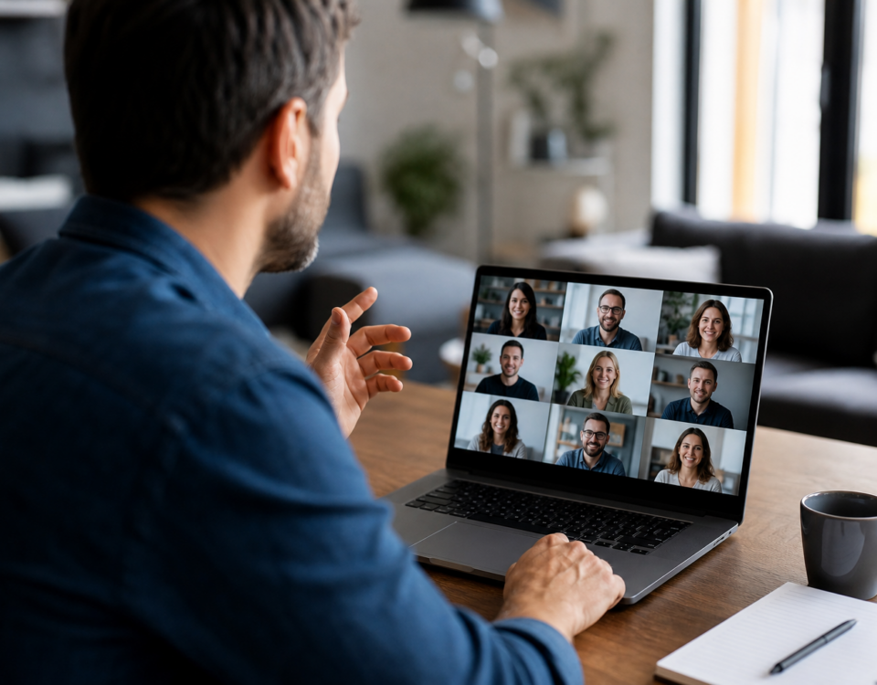 Medewerker neemt vanuit thuiskantoor deel aan Teams-videovergadering op laptop
