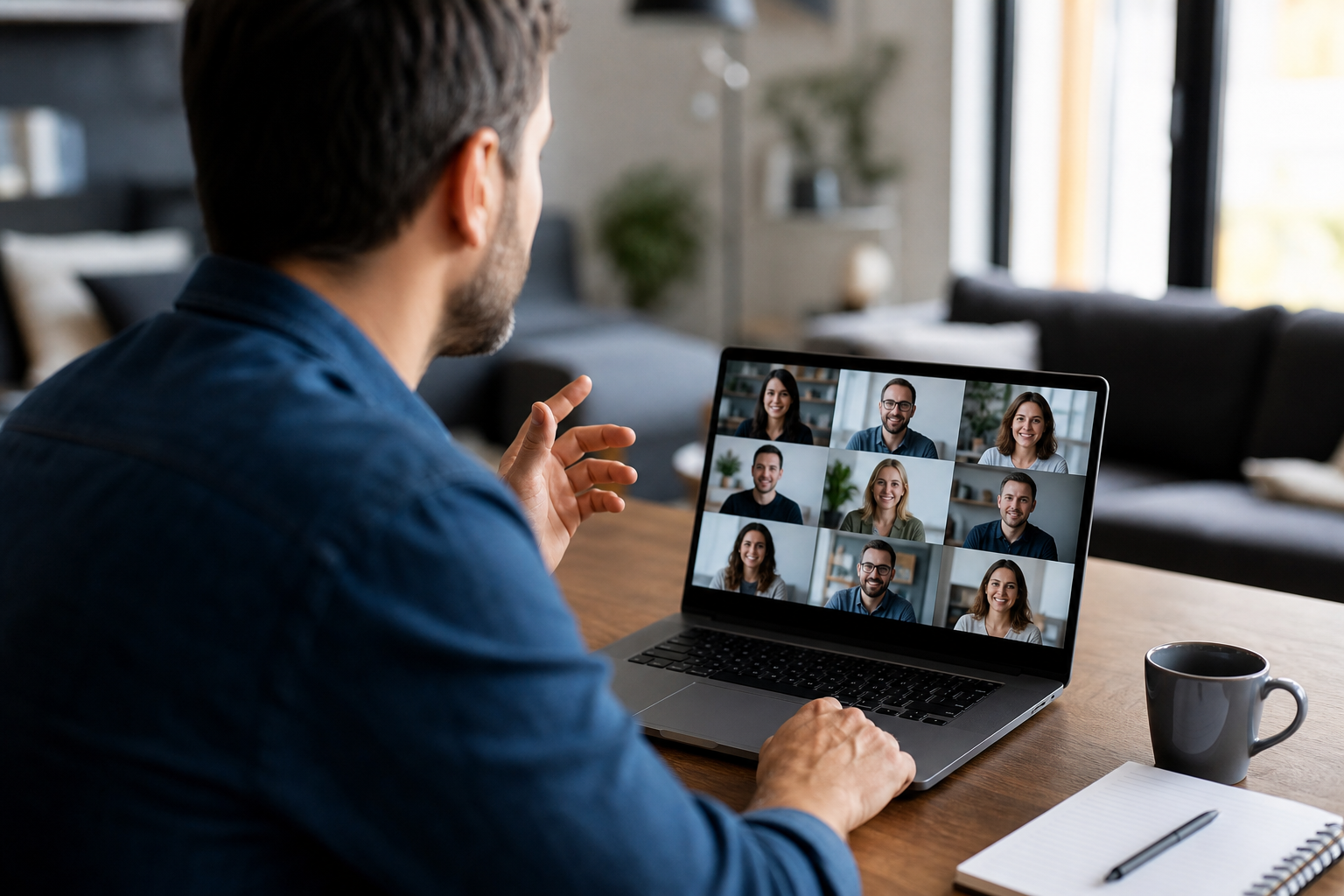 Medewerker neemt vanuit thuiskantoor deel aan Teams-videovergadering op laptop
