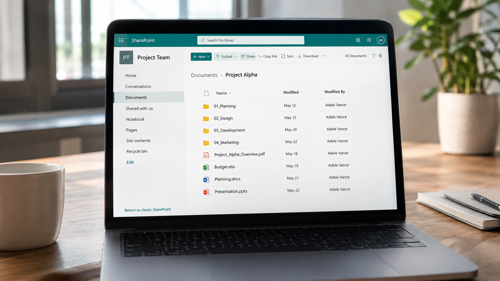 SharePoint Projectteam op een werkplek